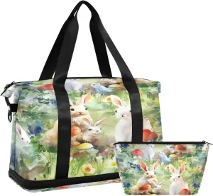 Kigai Cute Bunny Gym Bag for Women & Men,Waterproof Weekender Overnight Bag with Shoes Compartment Sports Duffel Bag for Gym Yoga Swimming Camping
