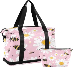 Kigai Cute Daisy Gym Bag for Women & Men,Waterproof Weekender Overnight Bag with Shoes Compartment Sports Duffel Bag for Gym Yoga Swimming Camping