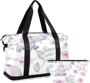 Kigai Cute Elephant Gym Bag for Women & Men,Waterproof Weekender Overnight Bag with Shoes Compartment Sports Duffel Bag for Gym Yoga Swimming Camping