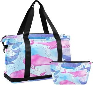 Kigai Cute Whales Gym Bag for Women & Men,Waterproof Weekender Overnight Bag with Shoes Compartment Sports Duffel Bag for Gym Yoga Swimming Camping