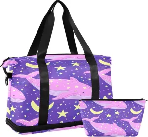 Kigai Cute Whales Gym Bag for Women & Men,Waterproof Weekender Overnight Bag with Shoes Compartment Sports Duffel Bag for Gym Yoga Swimming Camping