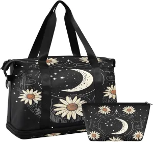Kigai Daisy Moon Gym Bag for Women & Men,Waterproof Weekender Overnight Bag with Shoes Compartment Sports Duffel Bag for Gym Yoga Swimming Camping