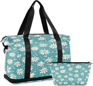 Kigai Daisy Pattern Gym Bag for Women & Men,Waterproof Weekender Overnight Bag with Shoes Compartment Sports Duffel Bag for Gym Yoga Swimming Camping