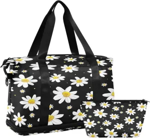 Kigai Daisy Pattern Gym Bag for Women & Men,Waterproof Weekender Overnight Bag with Shoes Compartment Sports Duffel Bag for Gym Yoga Swimming Camping