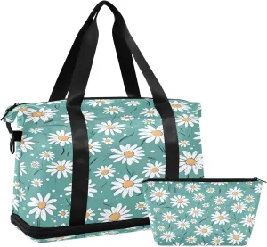 Kigai Daisy Pattern Gym Bag for Women & Men,Waterproof Weekender Overnight Bag with Shoes Compartment Sports Duffel Bag for Gym Yoga Swimming Camping