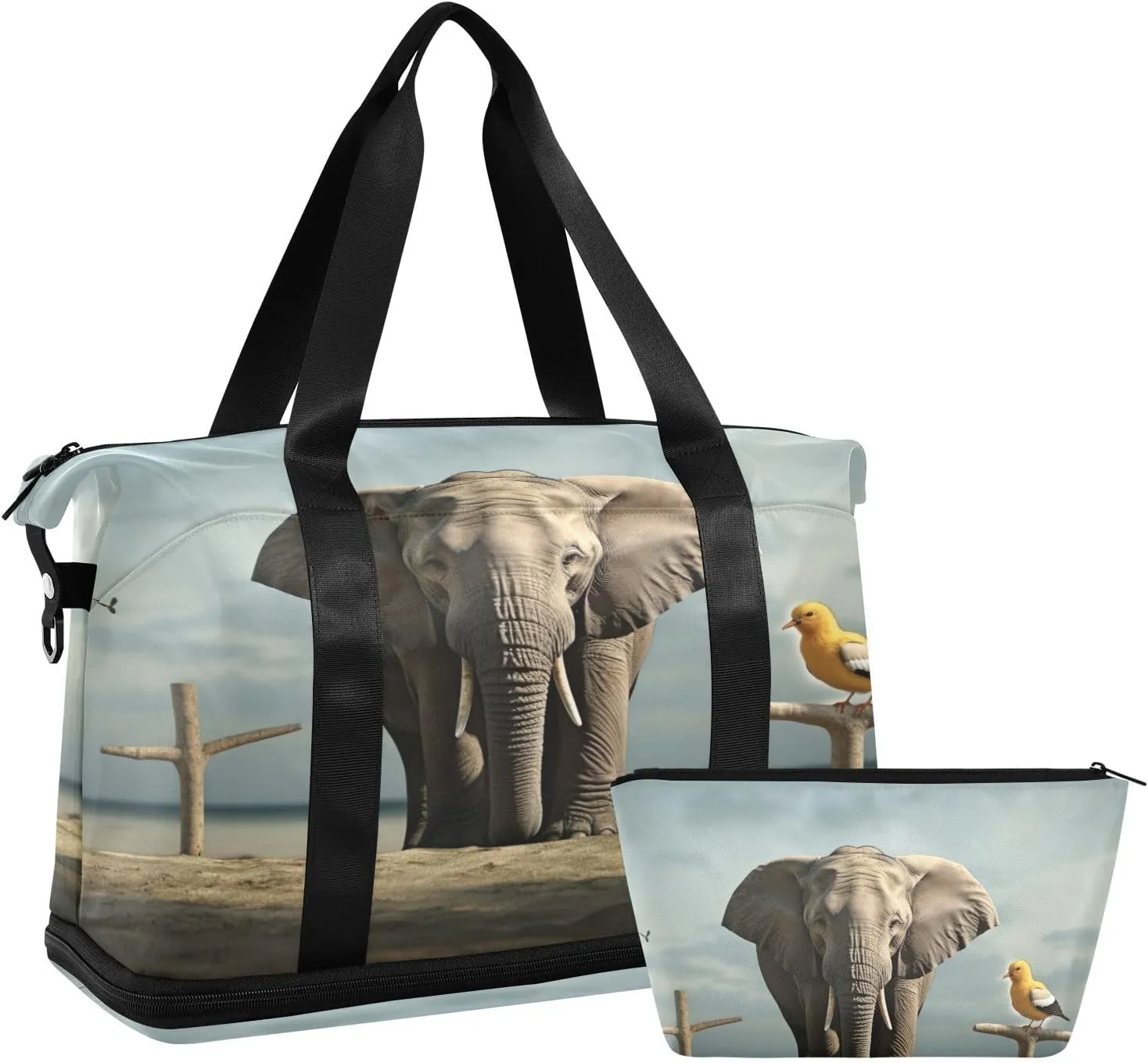 Kigai Elephant Bird Gym Bag for Women & Men,Waterproof Weekender Overnight Bag with Shoes Compartment Sports Duffel Bag for Gym Yoga Swimming Camping