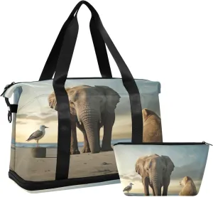Kigai Elephant Bird Gym Bag for Women & Men,Waterproof Weekender Overnight Bag with Shoes Compartment Sports Duffel Bag for Gym Yoga Swimming Camping