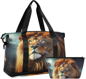 Kigai Fierce Lion Gym Bag for Women & Men,Waterproof Weekender Overnight Bag with Shoes Compartment Sports Duffel Bag for Gym Yoga Swimming Camping