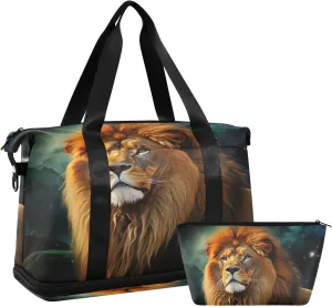 Kigai Fierce Lion Gym Bag for Women & Men,Waterproof Weekender Overnight Bag with Shoes Compartment Sports Duffel Bag for Gym Yoga Swimming Camping
