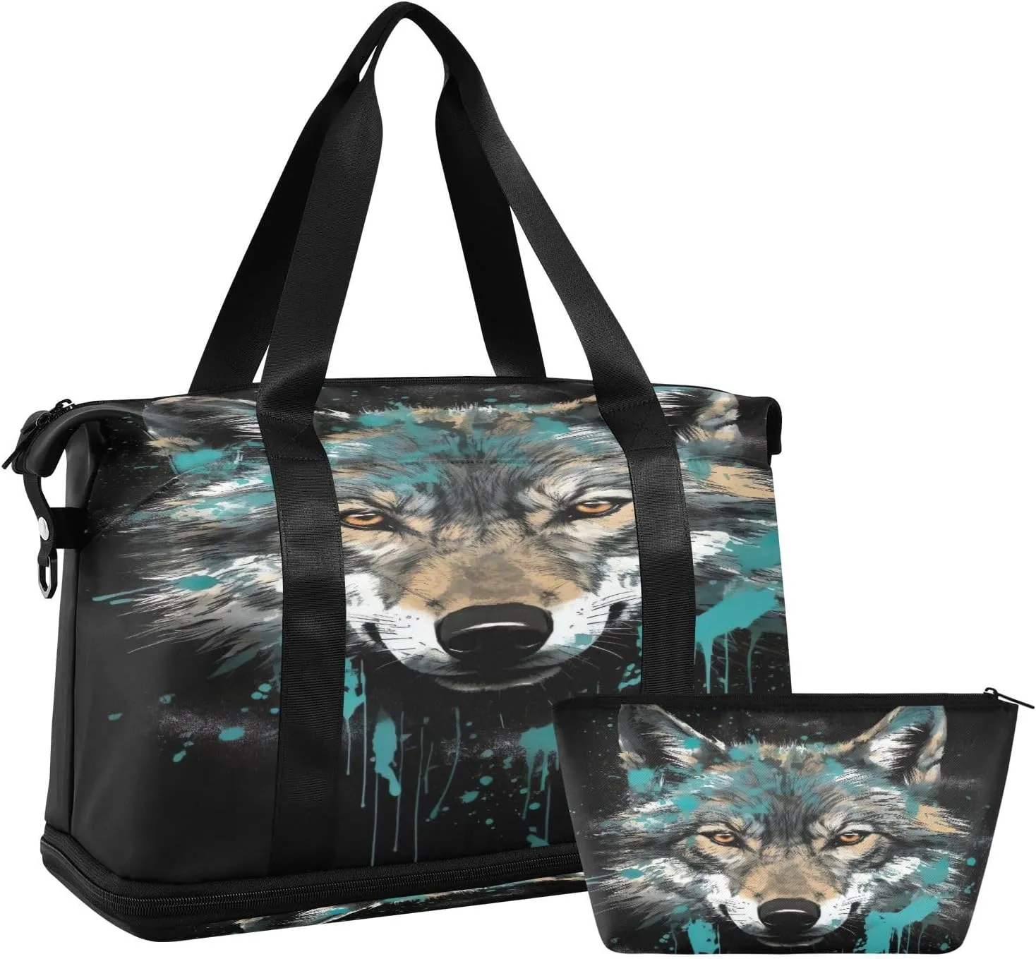 Kigai Fierce Wolf Gym Bag for Women & Men,Waterproof Weekender Overnight Bag with Shoes Compartment Sports Duffel Bag for Gym Yoga Swimming Camping