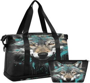 Kigai Fierce Wolf Gym Bag for Women & Men,Waterproof Weekender Overnight Bag with Shoes Compartment Sports Duffel Bag for Gym Yoga Swimming Camping