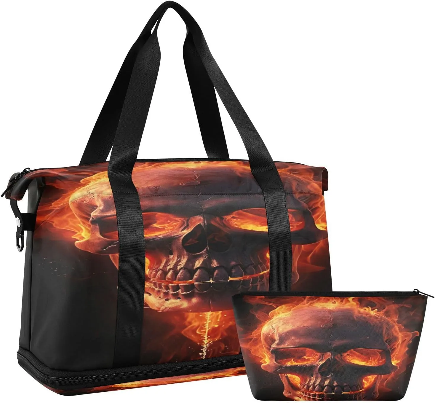 Kigai Flame Skull Gym Bag for Women & Men,Waterproof Weekender Overnight Bag with Shoes Compartment Sports Duffel Bag for Gym Yoga Swimming Camping