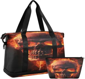 Kigai Flame Skull Gym Bag for Women & Men,Waterproof Weekender Overnight Bag with Shoes Compartment Sports Duffel Bag for Gym Yoga Swimming Camping