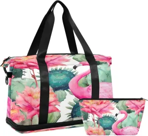 Kigai Flamingo Flower Gym Bag for Women & Men,Waterproof Weekender Overnight Bag with Shoes Compartment Sports Duffel Bag for Gym Yoga Swimming Camping