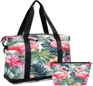 Kigai Flamingo Flower Gym Bag for Women & Men,Waterproof Weekender Overnight Bag with Shoes Compartment Sports Duffel Bag for Gym Yoga Swimming Camping