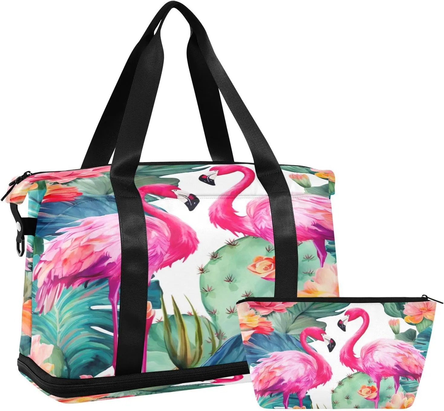 Kigai Flamingo Flower Gym Bag for Women & Men,Waterproof Weekender Overnight Bag with Shoes Compartment Sports Duffel Bag for Gym Yoga Swimming Camping