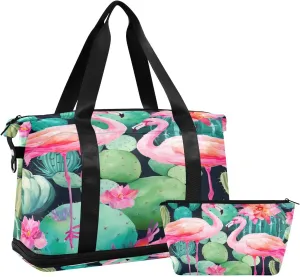 Kigai Flamingo Flower Gym Bag for Women & Men,Waterproof Weekender Overnight Bag with Shoes Compartment Sports Duffel Bag for Gym Yoga Swimming Camping
