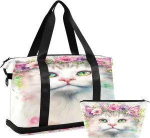 Kigai Flowers Cat Gym Bag for Women & Men,Waterproof Weekender Overnight Bag with Shoes Compartment Sports Duffel Bag for Gym Yoga Swimming Camping