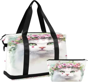 Kigai Flowers Cat Gym Bag for Women & Men,Waterproof Weekender Overnight Bag with Shoes Compartment Sports Duffel Bag for Gym Yoga Swimming Camping