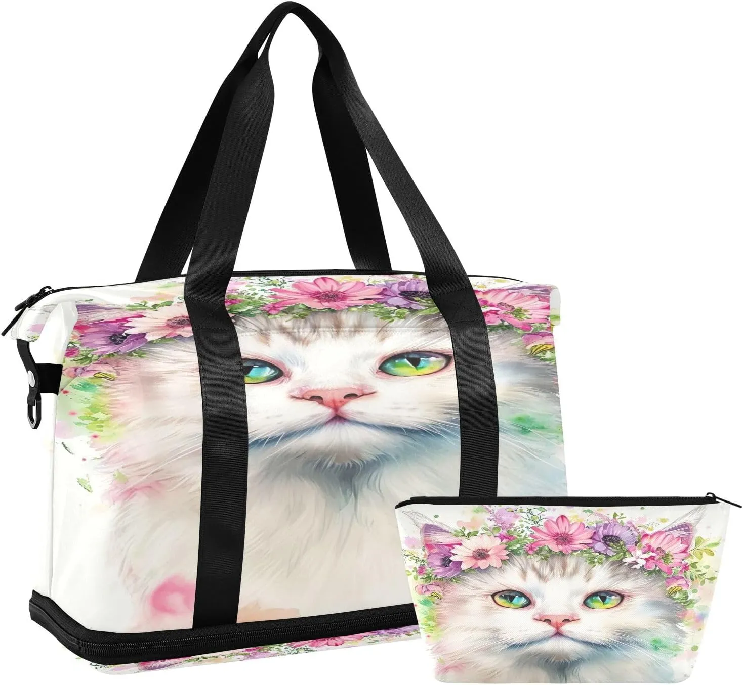 Kigai Flowers Cat Gym Bag for Women & Men,Waterproof Weekender Overnight Bag with Shoes Compartment Sports Duffel Bag for Gym Yoga Swimming Camping