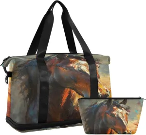 Kigai Funny Horse Gym Bag for Women & Men,Waterproof Weekender Overnight Bag with Shoes Compartment Sports Duffel Bag for Gym Yoga Swimming Camping