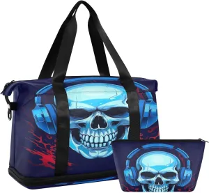 Kigai Funny Skull Gym Bag for Women & Men,Waterproof Weekender Overnight Bag with Shoes Compartment Sports Duffel Bag for Gym Yoga Swimming Camping
