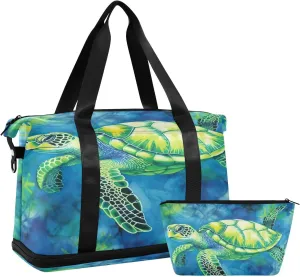 Kigai Green Turtle Gym Bag for Women & Men,Waterproof Weekender Overnight Bag with Shoes Compartment Sports Duffel Bag for Gym Yoga Swimming Camping