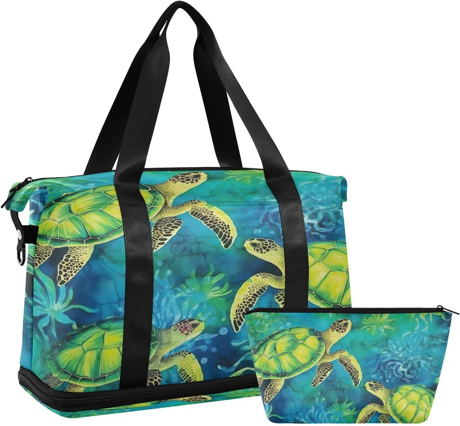 Kigai Green Turtle Gym Bag for Women & Men,Waterproof Weekender Overnight Bag with Shoes Compartment Sports Duffel Bag for Gym Yoga Swimming Camping