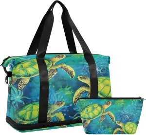 Kigai Green Turtle Gym Bag for Women & Men,Waterproof Weekender Overnight Bag with Shoes Compartment Sports Duffel Bag for Gym Yoga Swimming Camping