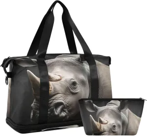 Kigai Grey Rhinoceros Gym Bag for Women & Men,Waterproof Weekender Overnight Bag with Shoes Compartment Sports Duffel Bag for Gym Yoga Swimming Camping