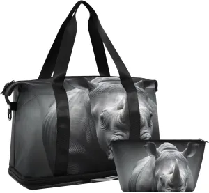 Kigai Grey Rhinoceros Gym Bag for Women & Men,Waterproof Weekender Overnight Bag with Shoes Compartment Sports Duffel Bag for Gym Yoga Swimming Camping