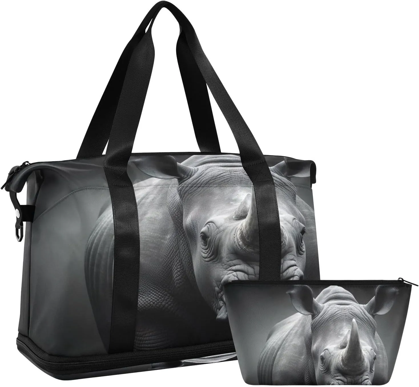 Kigai Grey Rhinoceros Gym Bag for Women & Men,Waterproof Weekender Overnight Bag with Shoes Compartment Sports Duffel Bag for Gym Yoga Swimming Camping