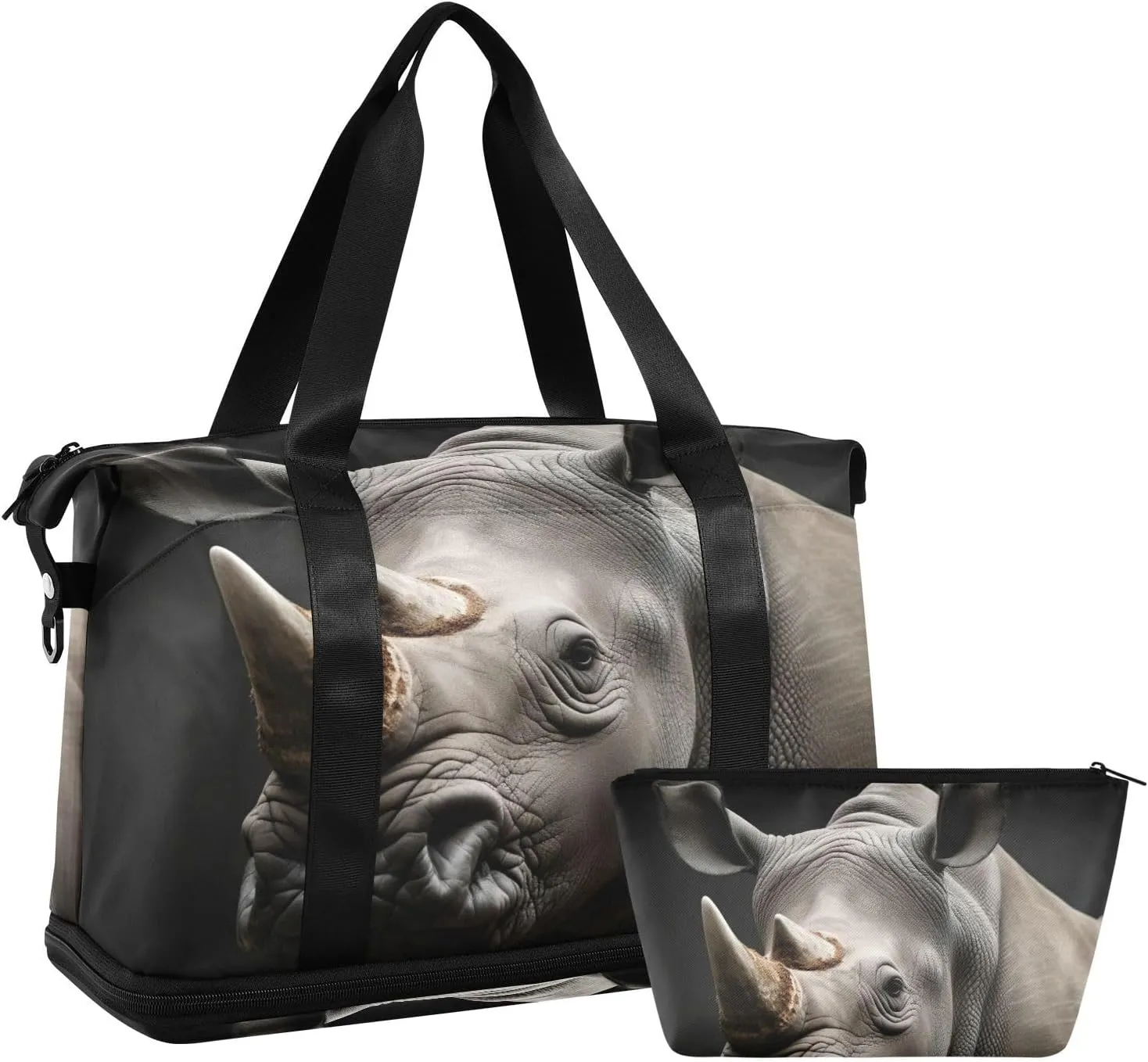Kigai Grey Rhinoceros Gym Bag for Women & Men,Waterproof Weekender Overnight Bag with Shoes Compartment Sports Duffel Bag for Gym Yoga Swimming Camping