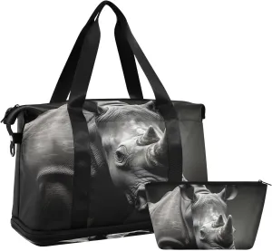 Kigai Grey Rhinoceros Gym Bag for Women & Men,Waterproof Weekender Overnight Bag with Shoes Compartment Sports Duffel Bag for Gym Yoga Swimming Camping