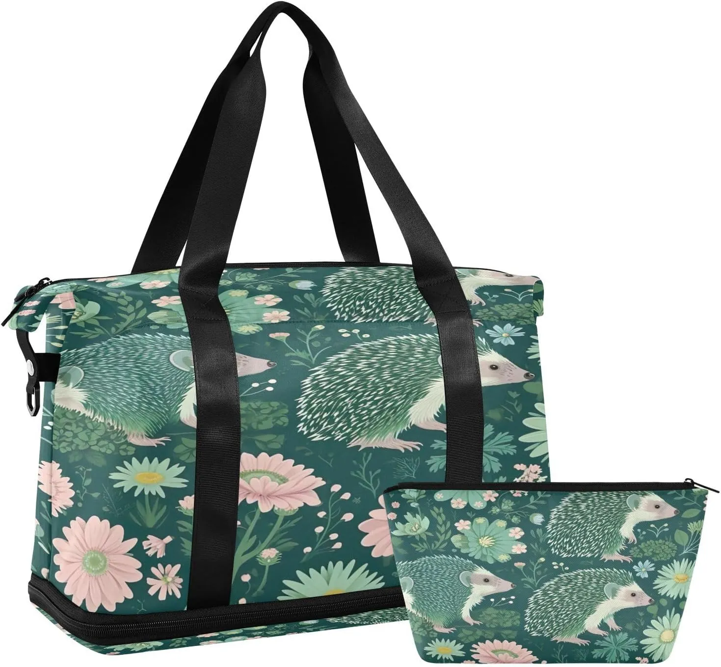 Kigai Hedgehog Flower Gym Bag for Women & Men,Waterproof Weekender Overnight Bag with Shoes Compartment Sports Duffel Bag for Gym Yoga Swimming Camping