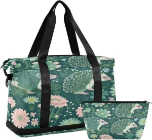 Kigai Hedgehog Flower Gym Bag for Women & Men,Waterproof Weekender Overnight Bag with Shoes Compartment Sports Duffel Bag for Gym Yoga Swimming Camping