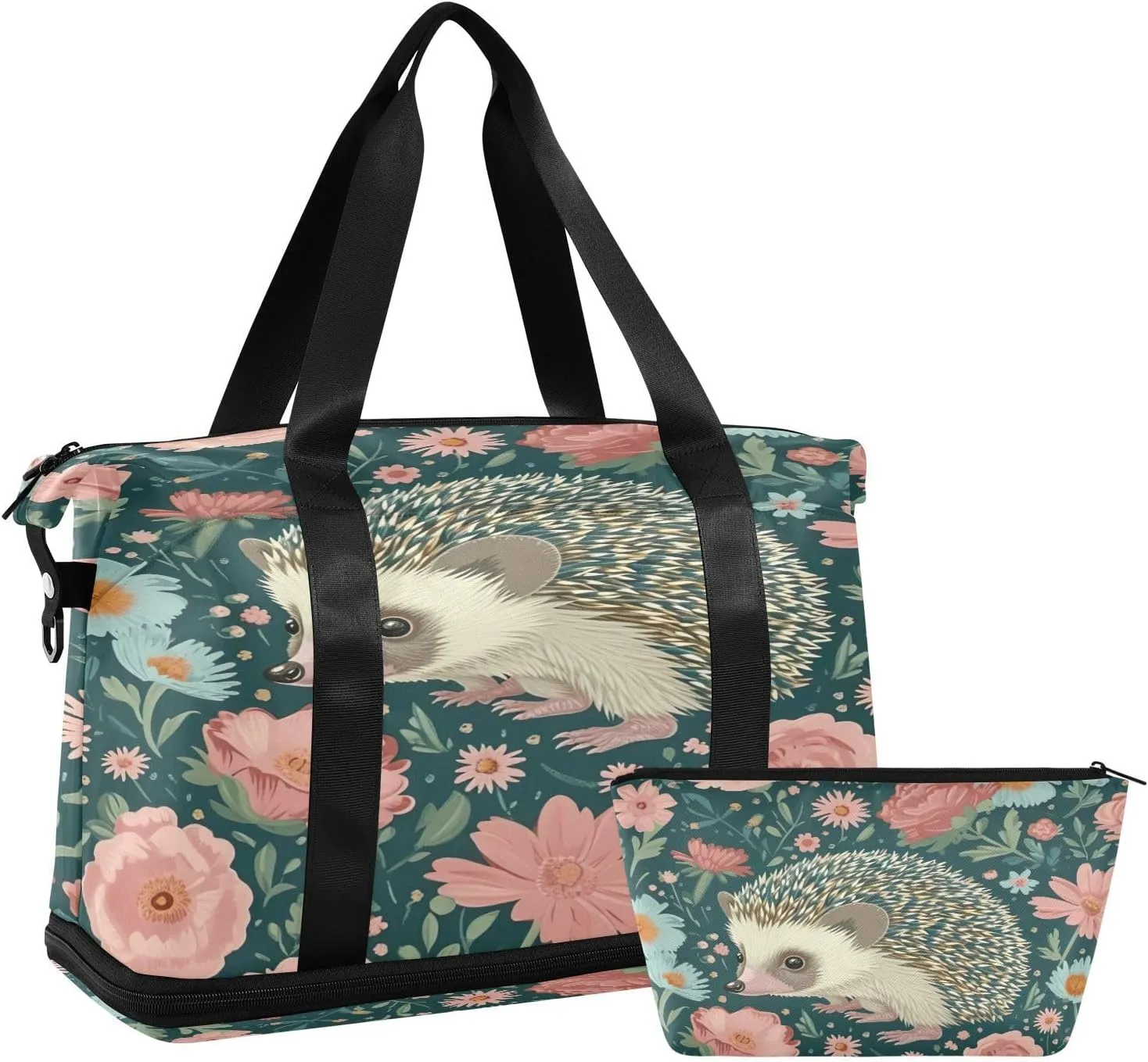 Kigai Hedgehog Flower Gym Bag for Women & Men,Waterproof Weekender Overnight Bag with Shoes Compartment Sports Duffel Bag for Gym Yoga Swimming Camping