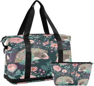 Kigai Hedgehog Flower Gym Bag for Women & Men,Waterproof Weekender Overnight Bag with Shoes Compartment Sports Duffel Bag for Gym Yoga Swimming Camping