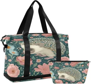 Kigai Hedgehog Flower Gym Bag for Women & Men,Waterproof Weekender Overnight Bag with Shoes Compartment Sports Duffel Bag for Gym Yoga Swimming Camping
