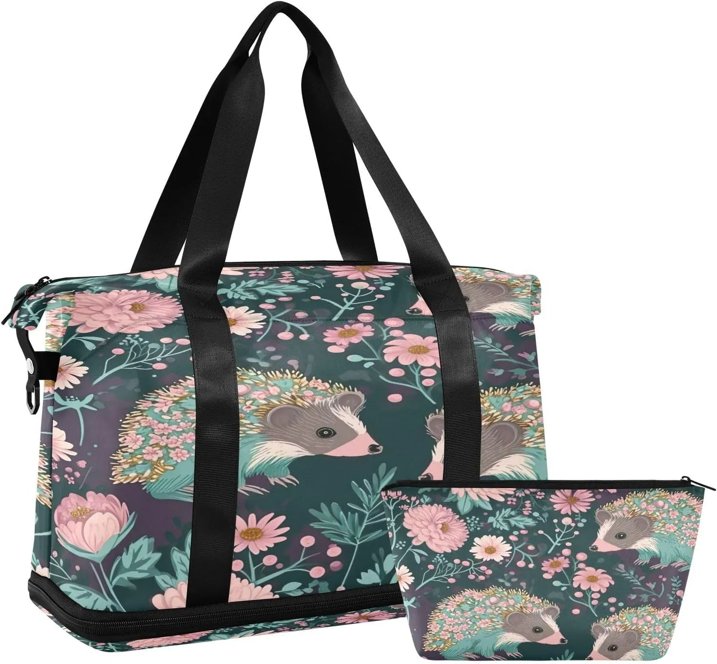 Kigai Hedgehog Flower Gym Bag for Women & Men,Waterproof Weekender Overnight Bag with Shoes Compartment Sports Duffel Bag for Gym Yoga Swimming Camping