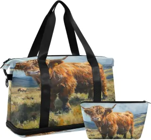 Kigai Highland Cow Gym Bag for Women & Men,Waterproof Weekender Overnight Bag with Shoes Compartment Sports Duffel Bag for Gym Yoga Swimming Camping