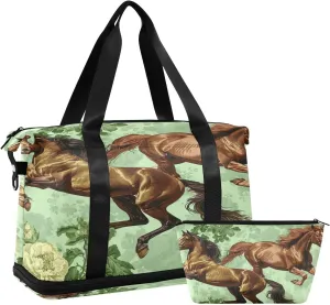 Kigai Horse Flower Gym Bag for Women & Men,Waterproof Weekender Overnight Bag with Shoes Compartment Sports Duffel Bag for Gym Yoga Swimming Camping