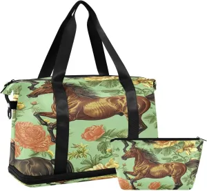 Kigai Horse Flower Gym Bag for Women & Men,Waterproof Weekender Overnight Bag with Shoes Compartment Sports Duffel Bag for Gym Yoga Swimming Camping