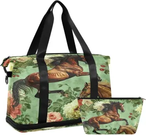 Kigai Horse Flower Gym Bag for Women & Men,Waterproof Weekender Overnight Bag with Shoes Compartment Sports Duffel Bag for Gym Yoga Swimming Camping