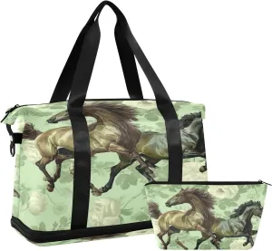 Kigai Horse Flower Gym Bag for Women & Men,Waterproof Weekender Overnight Bag with Shoes Compartment Sports Duffel Bag for Gym Yoga Swimming Camping