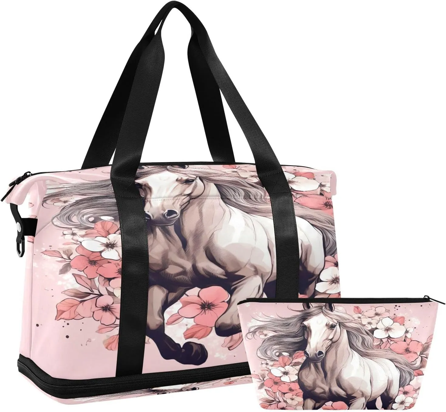 Kigai Horse Flowers Gym Bag for Women & Men,Waterproof Weekender Overnight Bag with Shoes Compartment Sports Duffel Bag for Gym Yoga Swimming Camping