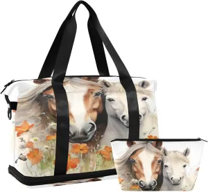 Kigai Horse Flowers Gym Bag for Women & Men,Waterproof Weekender Overnight Bag with Shoes Compartment Sports Duffel Bag for Gym Yoga Swimming Camping