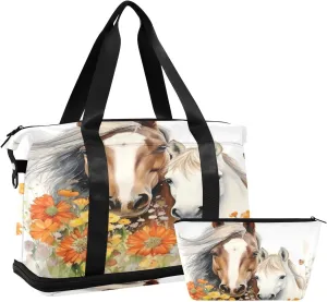 Kigai Horse Flowers Gym Bag for Women & Men,Waterproof Weekender Overnight Bag with Shoes Compartment Sports Duffel Bag for Gym Yoga Swimming Camping