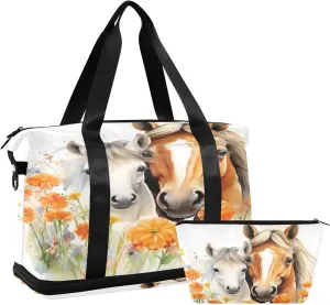 Kigai Horse Flowers Gym Bag for Women & Men,Waterproof Weekender Overnight Bag with Shoes Compartment Sports Duffel Bag for Gym Yoga Swimming Camping