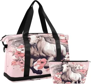 Kigai Horse Flowers Gym Bag for Women & Men,Waterproof Weekender Overnight Bag with Shoes Compartment Sports Duffel Bag for Gym Yoga Swimming Camping